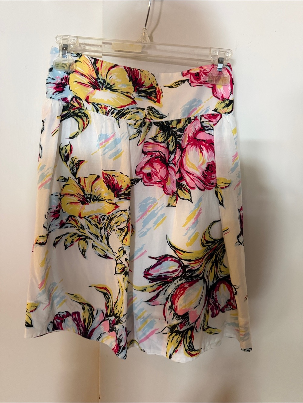 CAbi White A-Line Skirt with Pink & Yellow Floral Print wide waist back zipper